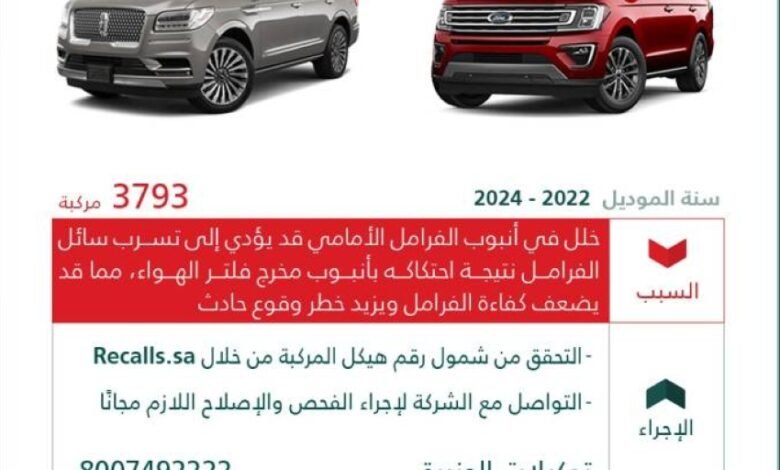 التجارة:-استدعاء-3793-مركبة-(لينكون-–-فورد)-لخلل-في-أنبوب-الفرامل-الأمامي