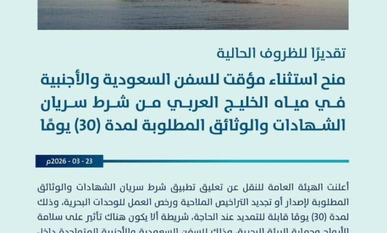 هيئة-النقل:-منح-استثناء-مؤقت-للسفن-السعودية-والأجنبية-من-شرط-انتهاء-الوثائق-والشهادات-المطلوبة